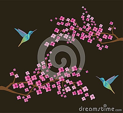 Vector Cherry Blossom Branches With Hummingbirds Vector Illustration