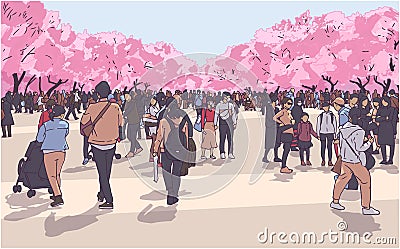 Vector illustration of cherry blossom viewing festival crowd in Ueno Park, Tokyo Vector Illustration