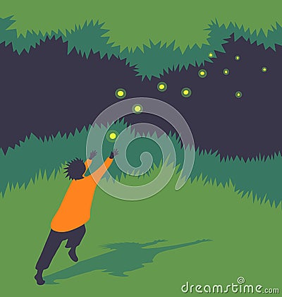 Vector illustration child chasing fireflies Vector Illustration