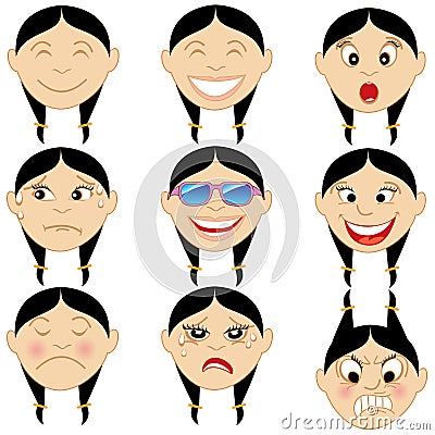 Chinese Girl Emoticon Emoji Stickers Vector Illustration