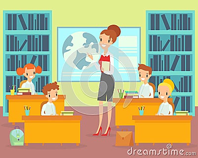 Vector illustration children in classroom with teacher. Female teacher teaches students in elementary school, happy Vector Illustration