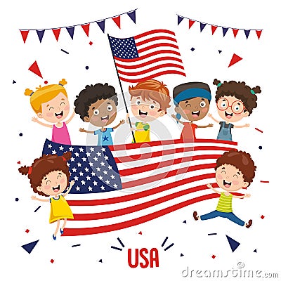 Vector Illustration Of Children Holding USA Flag Vector Illustration