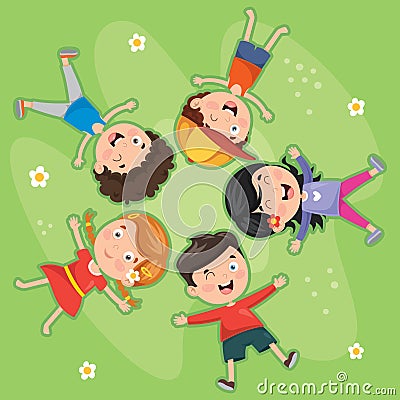 Vector Illustration Of Children Lying On Grass Vector Illustration