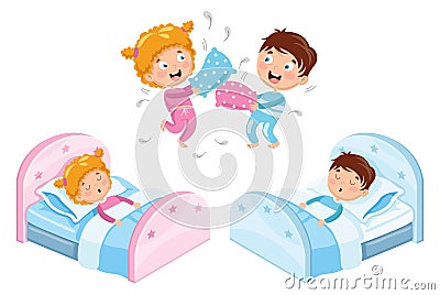 Vector Illustration Of Children In Pajamas Vector Illustration