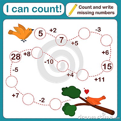 Vector illustration of a children`s math game on the topic I can count. Mathematical examples for addition Vector Illustration