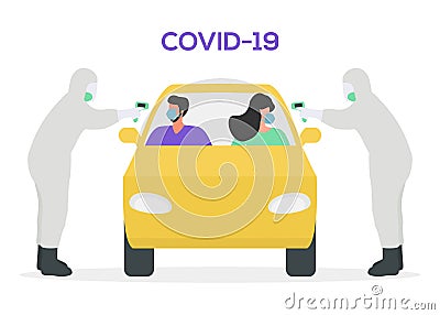 Chinese Coronavirus nCoV Covid-19 inspects car Vector Illustration