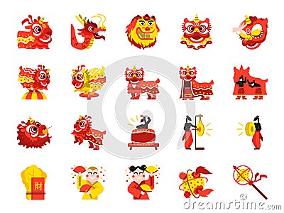 Chinese lion dance color icon set. Included the icons as performances, musician, lion dance, dragon dance, celebration and more. Vector Illustration