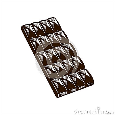 Vector illustration of a chocolate bar. Wrapped in packaging bar with a cocoa beans print, in unwrapped foil, with large Vector Illustration
