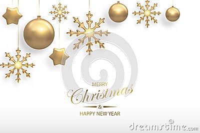 Vector illustration of Christmas background with golden realistic christmas ball, star, snowflake decorations isolated on white. Vector Illustration