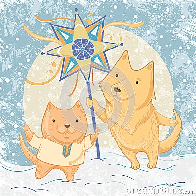 Vector illustration of Christmas carols with dog and cat Vector Illustration