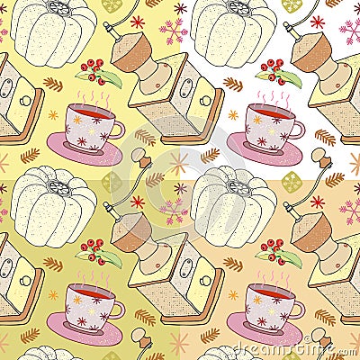 Vector illustration of Christmas dishes, grinder, cake and cup of chocolate, seamless christmas patterns Cartoon Illustration