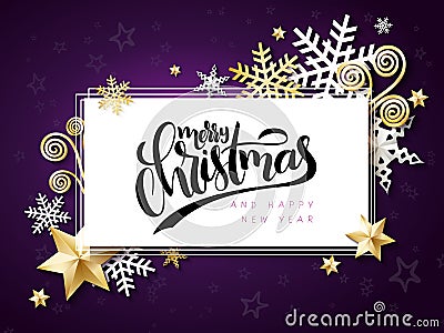 Vector illustration of christmas greeting card with hand lettering label - merry christmas - with stars, sparkles Vector Illustration