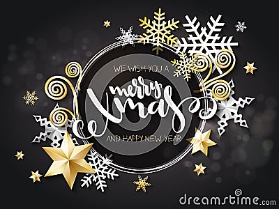 Vector illustration of christmas greeting card with hand lettering label - merry xmas - with stars, sparkles, snowflakes Vector Illustration