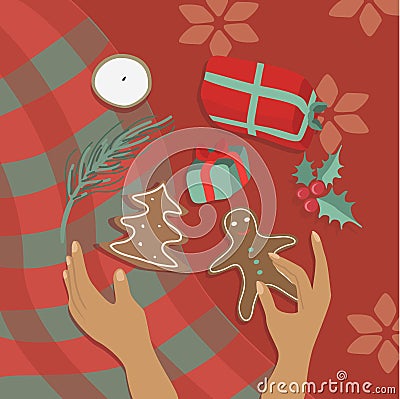 Vector illustration christmas still life, flat lay with gingerbread cookies, female hands, holly leaves and gift boxes on red tabl Vector Illustration