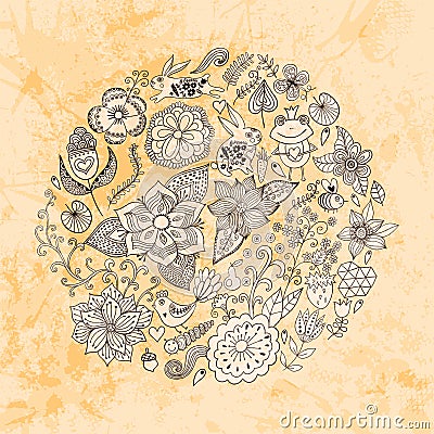 Vector illustration of circle made of flowers and birds. Round s Vector Illustration