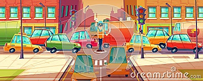 Vector illustration of city crossroads, rush hour, traffic jam, transport moving, vehicles. Machines, automobiles Vector Illustration