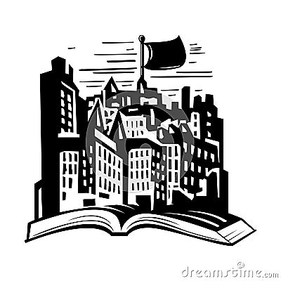 Vector illustration of a city from inside a storybook Cartoon Illustration