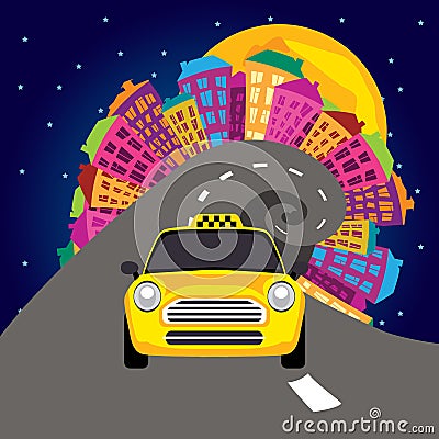 Vector illustration of city nightlife and a taxi Cartoon Illustration