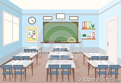 Vector illustration of classroom in school. Empty Interior of class with board and desks for children in flat cartoon Vector Illustration