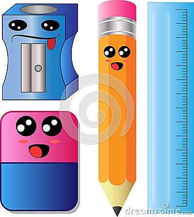 Vector Cartoon Sharpener, pencil, eraser and ruler scale Vector Illustration