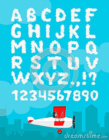 Vector illustration of cloud alphabet isolated on a blue sky and city landscape background. Cloudy font design decoration Vector Illustration