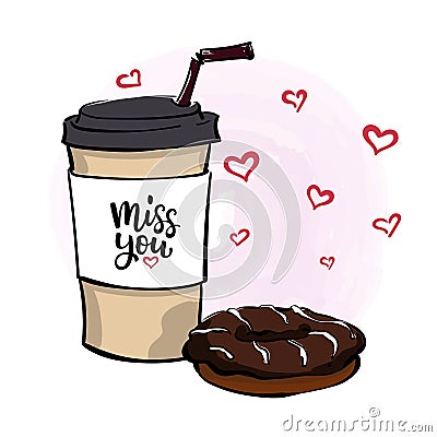 Vector illustration with coffee to go cup, chocolate donut , le Vector Illustration