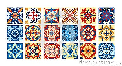 Vector illustration Collection of ceramic tiles in retro colors. A set of square patterns in ethnic style. Vector Vector Illustration