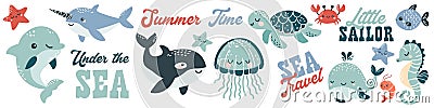 Vector illustration collection in children's Scandinavian style. Orca dolphin dolphin crab jellyfish octopus fish Vector Illustration