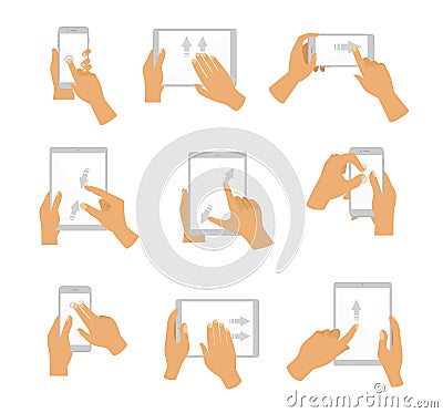 Vector illustration of collection of Hand Gesture for Touch Screen. Fingers touch screen of gadgets, flat design. Vector Illustration