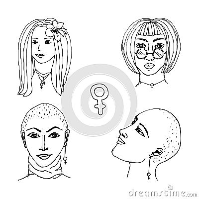 Vector illustration with a collection set of portraits of feminist girls in linear style. Outline drawings of 4 girls with a Vector Illustration