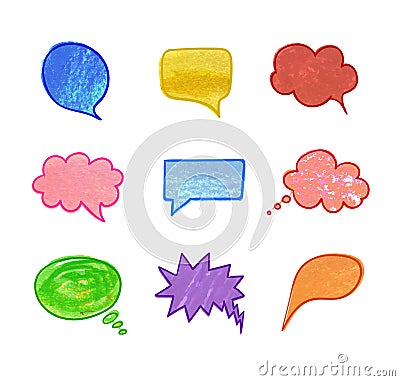 Vector Illustration: Collection of Speech Bubbles, Comic Colorful Crayon Drawing Elements Collection. Vector Illustration