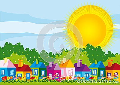 Vector illustration color houses by day in spring Vector Illustration