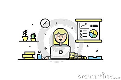 Vector illustration of color icon in flat line style. Graphic design concept of woman financial accountant. Vector Illustration