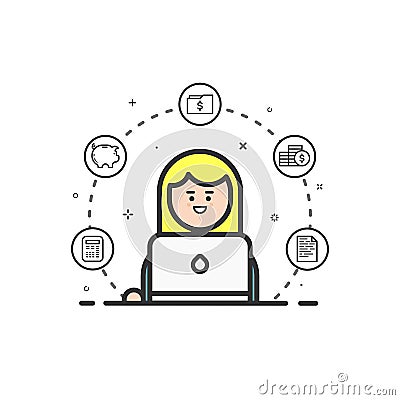 Vector illustration of colored icon in flat line style. Graphic design concept of woman financial accountant. Vector Illustration