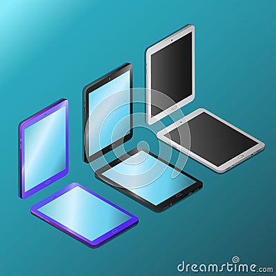 Digital tablets with empty screens in isometry Vector Illustration