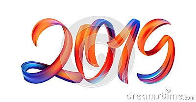 Vector illustration: Colorful Brushstroke paint lettering calligraphy of 2019 on white background. Happy New Year. Vector Illustration