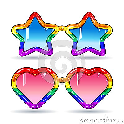 Disco sunglasses in the shape of hearts and stars, frame in rainbow colors Vector Illustration