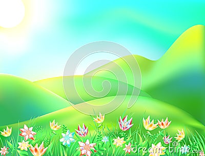 Vector illustration of colorful nature. Cartoon landscape of a sunny summer day. Children background depicts a forest, mountain, r Vector Illustration
