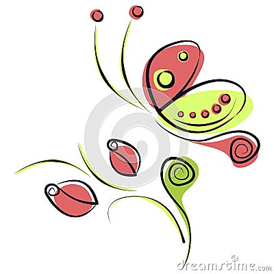 Vector illustration of colorful red and green cartoon butterfly and roses with leaves, isolated on the white backgound Vector Illustration