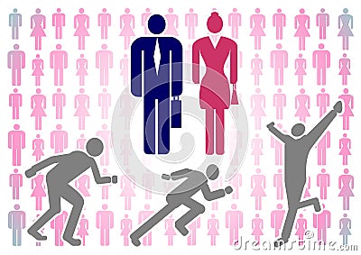 Vector illustration with colorful silhouettes of men and women on a white background, as well as the figure of a running man Cartoon Illustration