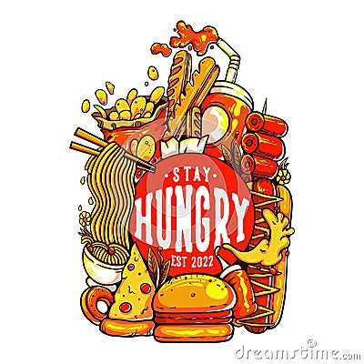 Vector Illustration Colorful T Shirt Design Stay Hungry With Variety of Foods Vintage Stock Photo