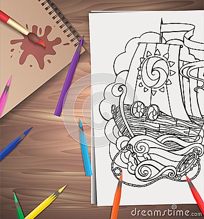 Vector illustration of coloring adults ship Vector Illustration