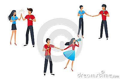 Vector illustration of communication and connection, business dialog, cartoon man and woman characters holding smartphones Cartoon Illustration