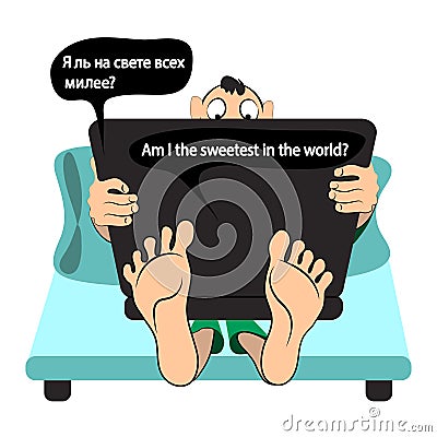 Vector illustration of computer addiction Cartoon man cartoon sitting on the bed with a laptop and his hands, am I the text in the Vector Illustration