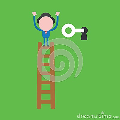 Vector illustration concept of businessman character climb to top of wooden ladder and unlock with key Vector Illustration