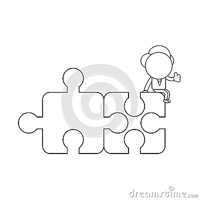 Vector illustration of businessman character sitting on two connected puzzle pieces and showing thumbs-up. Black outline Vector Illustration