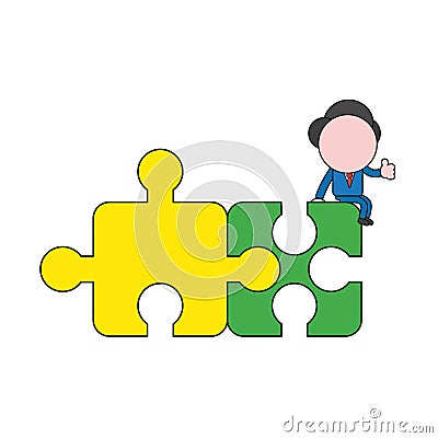 Vector illustration of businessman character sitting on two connected puzzle pieces and showing thumbs-up. Color and black Vector Illustration