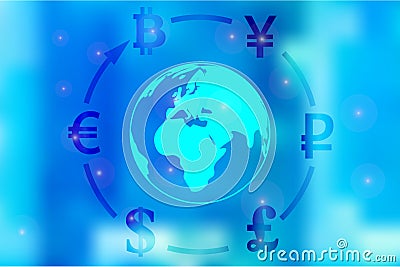 Vector illustration of a concept of currency exchange dollar, yen, pound, ruble, euro, bitcoin around the globe on a blue backgrou Cartoon Illustration