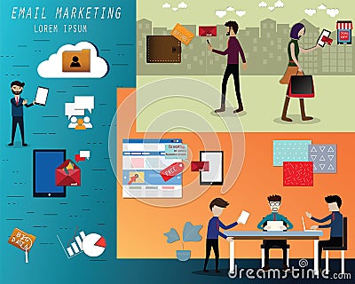 Vector illustration concept of email marketing,The owner using email for marketing channels to customers,Using email Vector Illustration