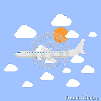 Vector illustration concept of modern detailed airplane flying through clouds in the blue sky. Stock Photo